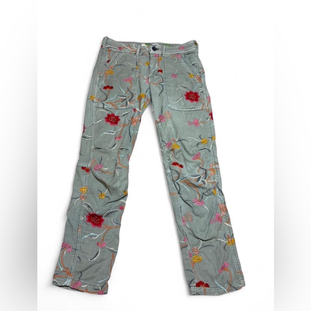 Anthropologie Blue-Gray Pants with Floral Embroidery
